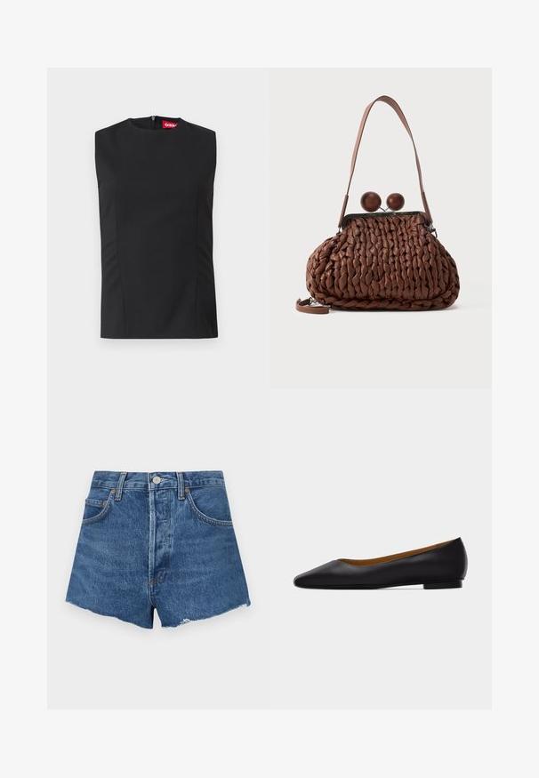 Sort ærmeløs top med høj hals, frontnerver og en usynlig lynlås i ryggen. Lavet af glat stof med en struktureret pasform.; Denim shorts i mellemblå med en frynset kant, der har forlommer og en knaplukning. Tyndt og kraftigt materiale med let falmning.; Sort læder flad sko med spids tå, lav hæl og glat finish, vist fra siden på en lysegrå baggrund.; Brun flettet læderhåndtaske med en enkelt strop og to store runde trælukninger på toppen.