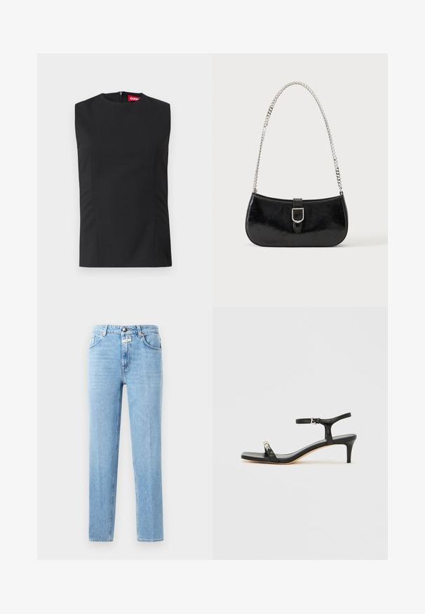 Top noir sans manches avec un col haut, des pinces sur le devant et une fermeture éclair invisible au dos. Fabriqué en tissu lisse avec une coupe structurée.; Jean en denim bleu clair avec une coupe droite, un design à cinq poches et un système de fermeture à bouton en métal. Tissu texturé avec un léger délavage.; Sandale noire en cuir à talon avec bride à la cheville, bout ouvert, devant carré et accent en métal argenté. Design ajusté avec un profil élégant.; Sac à épaule en cuir verni noir avec détail de boucle argentée et bandoulière en chaîne argentée, présenté sur un fond uni clair.