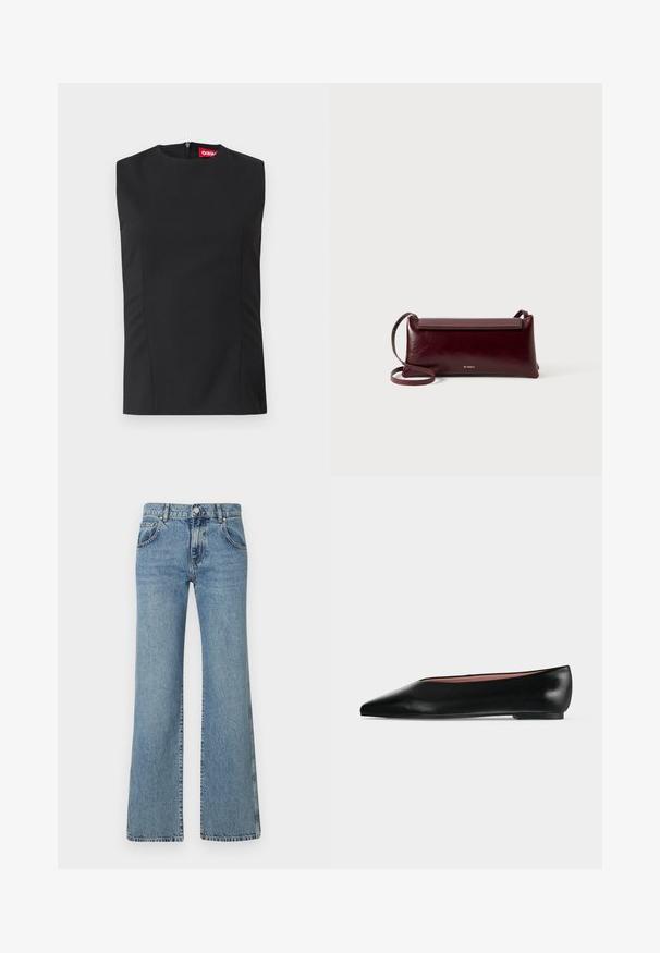 Sort ærmeløs top med høj hals, frontnerver og en usynlig lynlås i ryggen. Lavet af glat stof med en struktureret pasform.; Lyseblå, flagrende jeans i denimstof med en talje med knaplukning, fem lommer og et klassisk syet design.; Sort damesko i læder med flad hæl og spids tå, vist fra siden på en ensfarvet lys grå baggrund.; Bordeaux læder crossbody taske med en glat tekstur, rektangulær form, flaplukning og en tynd justerbar rem. Guldlogo detalje synlig.