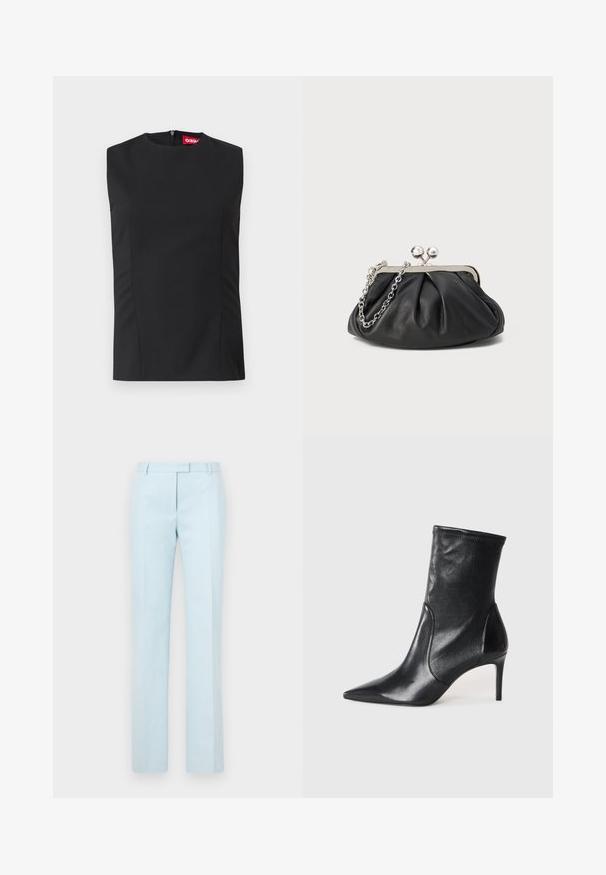 Top noir sans manches avec un col haut, des pinces sur le devant et une fermeture éclair invisible au dos. Fabriqué en tissu lisse avec une coupe structurée.; Pantalons sur mesure bleu clair avec jambes droites, devant plat et passants de ceinture. Fabriqués en tissu lisse, avec une texture subtile et des lignes épurées.; Bottes noires à la cheville en cuir lisse, dotées d'un bout pointu, d'un tige ajustée et d'un talon haut fin. Design minimaliste sans quincaillerie visible.; Porte-monnaie en cuir noir avec texture froncée, cadre en métal argenté, fermeture à verrouillage kiss-lock et bandoulière en chaîne. Surface lisse et douce.
