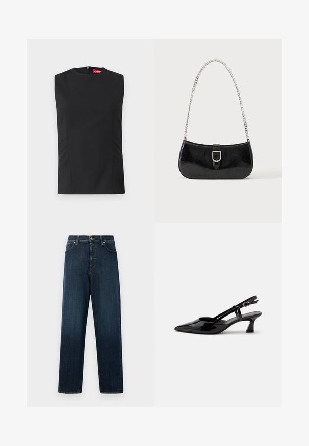 Zwart mouwloos topje met hoge hals, voorste naden en een onzichtbare rits aan de achterkant. Gemaakt van gladde stof met een gestructureerde pasvorm.; Donkerblauwe straight-leg jeans gemaakt van denim, met een klassieke vijf-pocketontwerp, gestikte details en een knoopsluiting bij de taille.; Zwarte lakleren slingback kitten heel schoen met spitse neus en verstelbare gouden gespsluiting op een witte achtergrond.; Zwarte lakleren schoudertas met een zilveren gespdetail en een zilveren kettingriem, getoond tegen een effen lichte achtergrond.
