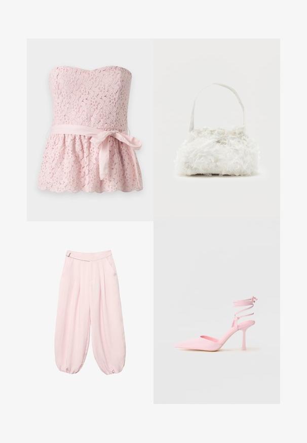 Top bustier en dentelle rose pâle à motif floral avec ceinture assortie en tissu nouée en nœud à la taille, évasée sous la ceinture.; Pantalon large rose pâle avec plis, poches latérales, détail boucle à la ceinture et bas resserrés.; Chaussures à talons hauts roses avec un bout pointu, finition satinée, et une bride de cheville avec un détail entrecroisé. Silhouette épurée et talon fin.; Petit sac à main blanc orné de roses en tissu recouvrant le corps et d'une fine anse unique, sur un fond uni.