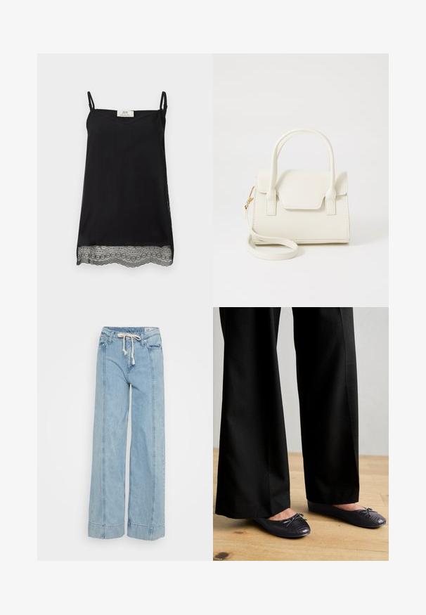 Sort ærmeløs camisole med tynde justerbare stropper og blomsterblondekant langs kanten mod en ensfarvet baggrund.; Lys blå brede jeans lavet af denim. Har en snøre i taljen, diskrete syninger og opfoldede afslutninger.; Sort bukser med bredde ben og en struktureret overflade, parret med flade sko med en sløjfe og et subtilt krokodillepræget design i sort.; Lille hvid håndtaske med dobbelte håndtag, frontklap og aftagelig skulderrem med guldlås på hvid baggrund.