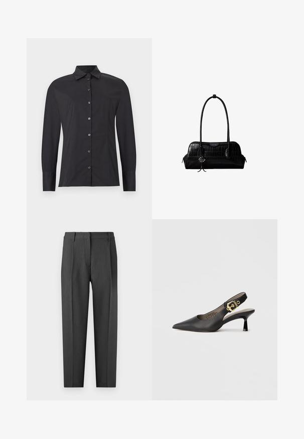 Chemise noire à manches longues avec boutons, col classique, coupe slim et détails de coutures sur fond gris clair.; Pantalons ajustés gris charbon, avec une taille plate, des poches latérales et une coupe droite, présentant une texture lisse.; Chaussure à talon haut noire à bride arrière, avec un bout pointu, une texture en cuir lisse et une accent de boucle dorée sur la bride.; Sac à épaule en cuir noir à texture crocodile, avec de longues sangles et un petit charm logo argenté sur une sangle.
