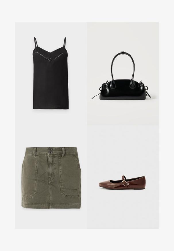 Robe nuisette noire sans manches avec fines bretelles, encolure en V, boutons décoratifs et détail découpé sur la poitrine.; Mini-jupe en denim vert olive avec deux poches avant, passants de ceinture et fermeture à double bouton à la taille.; Ballerine en cuir verni marron avec un bout carré et une lanière ornée d'une petite boucle dorée. Texture lisse, talon bas et design minimaliste.; Petit sac à main noir brillant avec deux longues anses et des détails à cordon sur les côtés sur un fond clair uni.