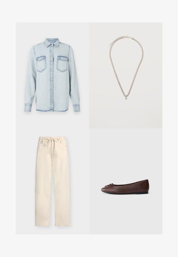 Chemise en denim bleu clair avec un col pointu, boutonnage sur le devant et deux poches poitrine. Présente des détails cousus et un ourlet légèrement effiloché.; Pantalon beige à jambes larges avec poches avant, passants de ceinture et lien à nouer à la taille sur un fond uni.; Ballerine en cuir marron avec un bout arrondi, détail de nœud décoratif, semelle noire basse et texture lisse. Design simple et épuré.; Collier chaîne fine en argent avec un petit pendentif rond en argent, fermé par un fermoir mousqueton sur un fond blanc uni.