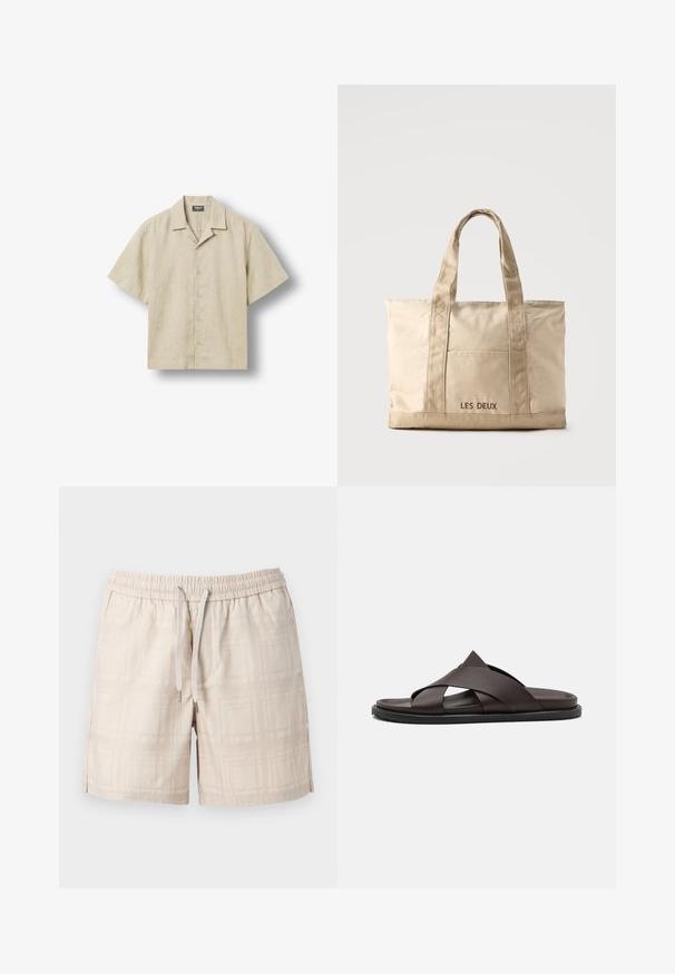 Chemise beige à manches courtes avec col camp, cinq boutons sur le devant et étiquette de marque à l'intérieur du col.; Shorts beige pour homme avec taille élastique, fermeture à cordon, poches latérales et motif à carreaux subtil.; Stuart Weitzman BERKLEY - Mules - espresso; Sac cabas en toile beige avec deux anses et une poche avant, "LES DEUX" brodé sur la poche.