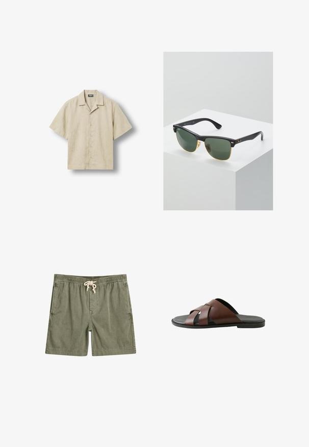 Beige kortærmet skjorte med knapper, camp-krave, fem knapper foran og mærke inden i kraven.; Olivengrønne shorts lavet af blødt stof, med en elastisk talje og snor, to sidelommer og en afslappet pasform.; Herrebrun lædersandal med krydsede remme og sort sål, vist i profil mod hvid baggrund.; Ray-Ban solbriller med grønne linser, sorte plastikstel og gyldne detaljer ved kanterne. Firkantet form med mat finish.