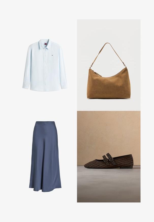 Camisa de manga larga azul claro con finas rayas verticales blancas, cuello y pequeño logo de Tommy Hilfiger en el pecho.; Falda A-line de satén en azul oscuro. Textura suave, de largo hasta el suelo, con cintura ajustada y dobladillo acampanado. Sin patrones visibles ni elementos de hardware.; Zapato plano de cuero tejido marrón oscuro con dos correas de hebilla, colocado cerca de una mesa redonda de madera y una alfombra de yute beige.; Bolso de hombro de ante marrón con una sola correa y cierre de cremallera superior, exhibido sobre un fondo blanco liso.