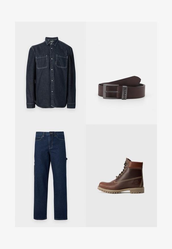Chemise en denim foncé à col pointu, avec deux poches poitrine et des accents de couture blanche. Manches longues avec poignets à boutons.; Pantalon cargo en denim bleu foncé avec jambes droites, poches latérales et coutures contrastées. Comprend une fermeture à bouton et des passants pour ceinture.; Bottine en cuir marron à lacets, avec un col rembourré, des coutures contrastées et une semelle robuste, vue de l'extérieur sur un fond blanc.; Ceinture en cuir marron avec une texture lisse, dotée d'une boucle en métal rectangulaire et d'un accent de marque. Les extrémités s'effilent pour un design élancé.