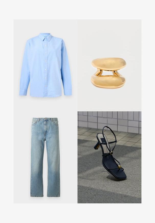 Hellblaues, langärmliges Hemd mit Knöpfen, Kragen und kleinem weißem Stickschriftzug auf der linken Brust.; Hellblaue Denim-Jeans mit geradem Bein, ausgestattet mit einem Fünf-Taschen-Stil und einem Knopfverschluss am Bund.; Schwarze, gerippte Sandalette mit Absatz und quadratischer Spitze, goldener Schnalle und goldener Perlendetailierung am Zehenriemen, auf Asphalt nahe einer gefliesten Wand platziert.; Glänzender, glatter Goldring mit dickem, abgerundetem Doppelband-Design und einer offenen Lücke zwischen den Bändern auf weißem Hintergrund.