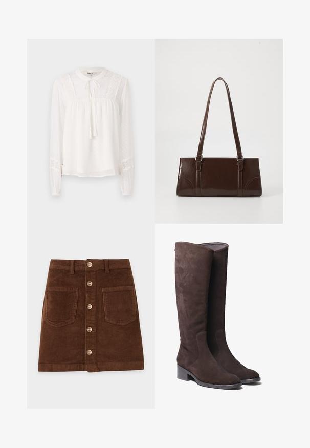Witte blouse met lange mouwen en hoge kraag, kantaccenten en een trekkoordsluiting; heeft textuur met stippen over de stof.; Bruine corduroy rok met knoopsluiting aan de voorkant, twee voorzakken en ceintuurlussen.; Bruine suède kniehoge laarzen met een licht afgeronde neus en een lage blokhak. Kenmerkt zich door subtiele stikdetails langs de zijkanten.; Bruine lakleren handtas met een rechthoekige vorm, twee lange handvatten en subtiele gebogen accenten aan de voorkant.