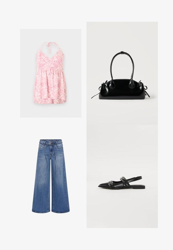 Rosa-weißes Neckholder-Oberteil mit Muschel-Muster und geraffter Taille, für eine lockere, fließende Passform entworfen.; My Essential Wardrobe MWKARO 144 MID XWIDE - Wide Leg - medium blue wash; Even&Odd Sling-Ballerina - black; Kleine schwarze glänzende Handtasche mit zwei langen Griffen und seitlichen Kordelzug-Details vor einfachem hellem Hintergrund.