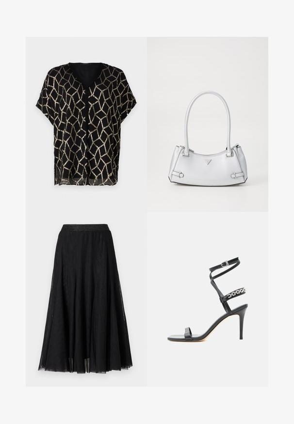 Sort kortærmet bluse med V-hals, der har et geometrisk guldmetallic mønster på en gennemsigtig stof. Let og løstsiddende design.; Sort maxi-skirt med et struktureret, flydende design. Har en bred, glitrende talje og et lagdelt, gennemsigtigt stof for en yndefuld fremtoning.; Sort højhælet sandal med tynd ankelrem, midtfodsrem dekoreret med sølvkædeled og åben tå-design.; Sølv håndtaske med et struktureret design, der har to håndtag, en skinnende overflade, accenthardware og et trekantet logo på fronten.