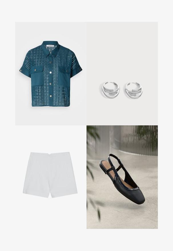 Teal blouse met korte mouwen, voorzien van kantdetails en twee borstzakken. Heeft een knoopsluiting aan de voorkant en een kraag. Gemaakt met een structuur van perforaties.; Witte shorts met een op maat gemaakte uitstraling, vlakke voorkant, twee zijzakken en een nette zoom. Gemaakt van een soepel materiaal zonder zichtbare patronen.; Zwarte leren slingback ballerina met een vierkante neus, voorzien van een glanzende lakrand en verstelbare banden voor een veilige pasvorm.; Paar gepolijste zilveren creooloorbellen met een gelaagd, gebogen staafontwerp op een effen lichte achtergrond.