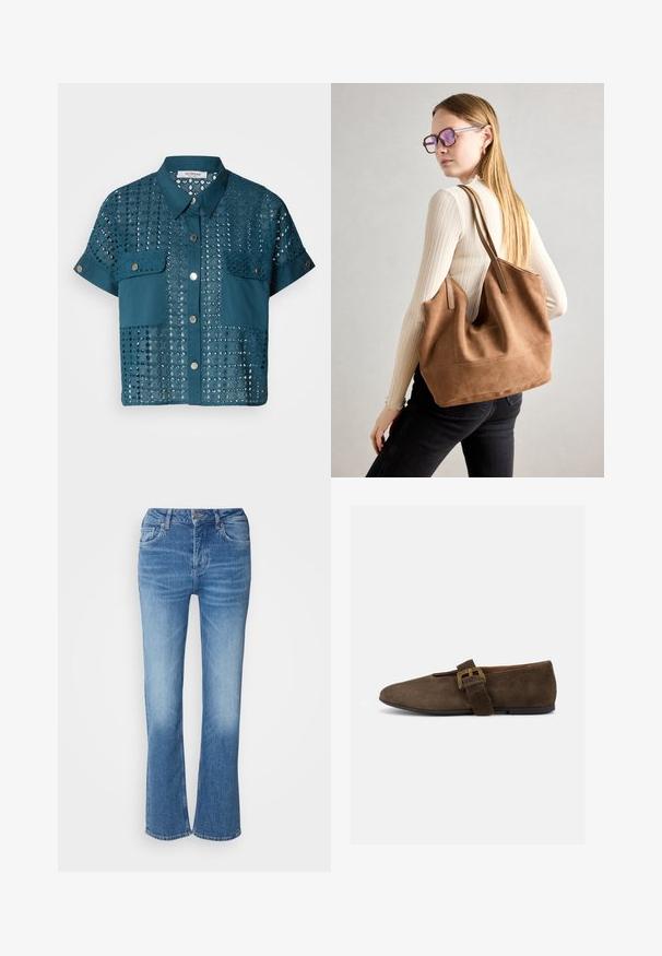 Teal blouse met korte mouwen, voorzien van kantdetails en twee borstzakken. Heeft een knoopsluiting aan de voorkant en een kraag. Gemaakt met een structuur van perforaties.; Lichtblauwe flared jeans van denim. Heeft een hoge taille, vijf zakken en stikdetails. Zachte textuur met een vervaagd wasseneffect.; Bruine suède platte schoen met brede band en gouden gesp, afgeronde neus en lage zwarte zool, zijaanzicht op witte achtergrond.; Bruine suède totebag met zachte textuur, grote opening en lange hengsels. Het heeft een eenvoudig ontwerp met zichtbare stiksels en geen hardware.