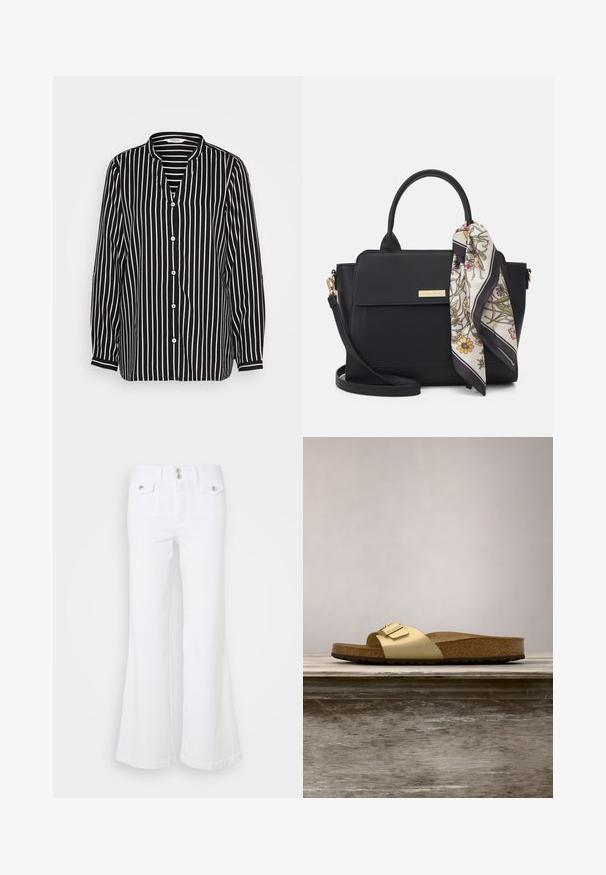 Sort og hvid stribet skjorte med knaplukning, V-hals, lange ærmer og en afslappet pasform. Har hvide knapper og kontrastfarvede manchetter.; Hvide udsvingende jeans lavet af denim, med høj talje, to forlommer og sølvknapdetaljer på en ensfarvet baggrund.; Gyldne syntetiske slidesandaler med en enkelt rem og spændeaccent, der har en brun korksål og en tekstureret gummisål.; Sort håndtaske lavet af glat materiale med dobbelte håndtag og justerbar skulderrem. Har en frontklap og et accent i form af et blomstermønstret silkeslør.