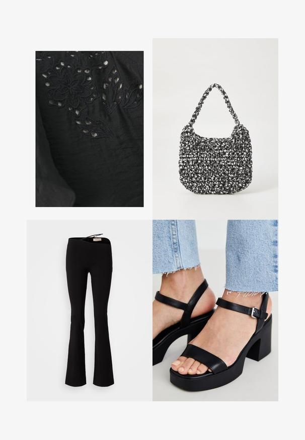 Tela negra con bordado de flores y hojas. Se aprecian detalles de corte en el diseño, resaltando la textura y la artesanía.; Pantalones acampanados negros hechos de un tejido suave con cintura elástica y una textura lisa, diseñados para ajustarse ceñidamente en los muslos y acampanarse en el dobladillo.; ALDO CELIE - Sandalias de tacón - black; Bolso de mano tejido en blanco y negro con forma redondeada, superficie texturizada y asa trenzada. Adecuado para uso casual.