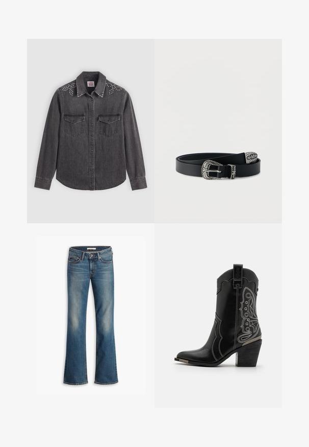Schwarze Jeanshemd mit langen Ärmeln, Punktkragen, zwei Brusttaschen, silberne Nietenakzente auf den Schultern, knöpfbare Vorderseite.; Blaue Denim Bootcut-Jeans mit fünf Taschen und einem Knopfverschluss, mit verblichenen Bereichen an Oberschenkeln und Knien.; Schwarze Leder-Cowboy-Stiefel mit weißen Nähten und einem kunstvollen Design an den Seiten. Der Absatz ist dick und strukturiert, mit einer metallischen Akzentuierung.; Schwarzer Ledergürtel mit kunstvoll verziertem silbernem Schnallenverschluss, Schlaufe und Spitze mit floralen und dekorativen Gravuren, zusammengerollt auf weißem Hintergrund.