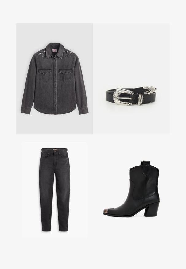 Schwarze Jeanshemd mit langen Ärmeln, Punktkragen, zwei Brusttaschen, silberne Nietenakzente auf den Schultern, knöpfbare Vorderseite.; Schwarze hochgeschnittene Slim-Fit-Jeans mit Vorder- und Gesäßtaschen, Knopfverschluss und Gürtelschlaufen, auf einem weißen Hintergrund präsentiert.; Schwarzer Leder-Stiefelette mit leichtem Absatz, spitz zulaufender Spitze und metallischer Kappe. Schlichte Nahtführung und Zuglasche an der Rückseite.; Schwarzer Ledergürtel mit einer großen silbernen Metallschnalle, die über feine Verzierungen und dekorative Akzente an beiden Enden verfügt.