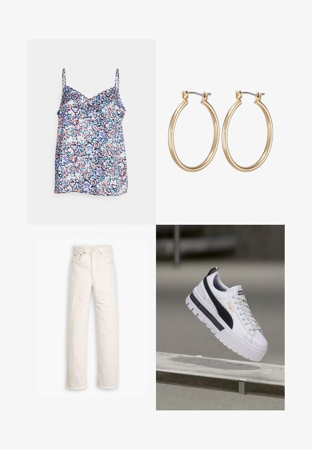JDY JDYSERENA EMBROIDERY SINGLET - Top - sky captain/multi-coloured; Jeans de mezclilla blanca con un diseño de pierna recta, estilo de cinco bolsillos y detalles de hardware en color cobre. Acabado sin dobladillo en los tobillos.; Zapatilla de plataforma Puma blanca con una franja negra y logo dorado, flotando sobre un banco de concreto en un entorno exterior.; Pendientes de aro de metal en tono dorado con un diseño circular y suave, y un cierre de bisagra seguro. Ligeros y con un acabado pulido.