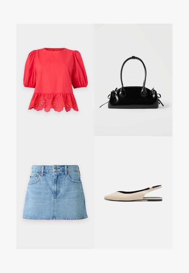 Rode blouse met pofmouwen tot op de elleboog en een geschulpte zoom met bloemrijke uitsnijkantborduurwerk details.; Lichtblauwe denim minirok met knoopsluiting aan de voorkant, riemlussen en voorzakken, weergegeven op een effen achtergrond.; Beige leren slingback ballerina's met een spitse neus, minimalistisch ontwerp, gladde textuur en een lage zwarte zool.; Kleine zwarte glanzende handtas met twee lange hengsels en zijkant trekkoord details op een effen lichte achtergrond.