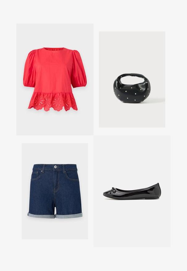 Rød bluse med puffede ærmer til albuen og bølget kant med blomsterudskæringsbroderi.; Mørkeblå denimshorts med opsmøgede kanter, knap- og lynlås foran samt forlommer på en ensfarvet baggrund.; Sorte patentlæder balletflade med spids tå, dekorativ sløjfe foran og en tekstureret gummisål.; Sort læderhåndtaske med en rundet form, dekoreret med sølvnitter, og et kort håndtag. Glat tekstur og lynlåslukning.