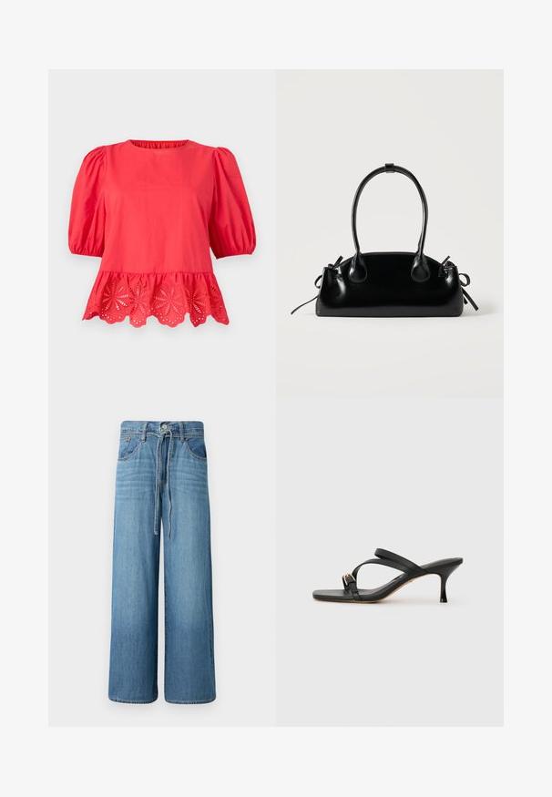 Rote Bluse mit aufgesetzten Ellbogenlangen Puffärmeln und gewelltem Saum mit floralen Cutout-Stickereidetails.; Weite Jeans in hellblauem Denim. Mit einem Knopfverschluss, einem Kordelzugbund, fünf Taschen und einem leicht ausgewaschenen Finish.; Schwarze Sandalen mit Absatz und quadratischer Zehenform, zwei überkreuzten Riemen, goldfarbener Schnallenakzent und einem schmalen hohen Absatz. Weiches Ledertextur.; Kleine schwarze glänzende Handtasche mit zwei langen Griffen und seitlichen Kordelzug-Details vor einfachem hellem Hintergrund.