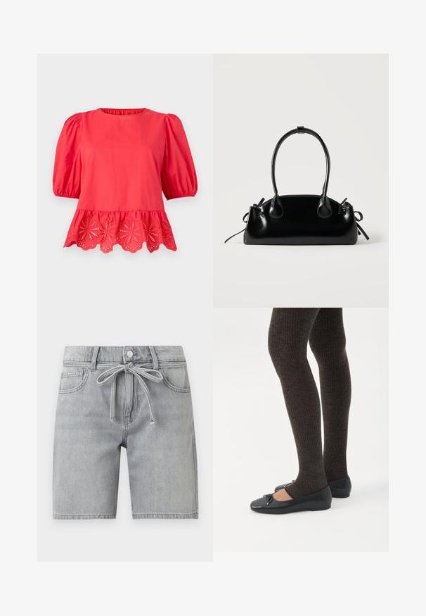 Blouse rouge à manches bouffantes mi-longues aux coudes et ourlet festonné avec des détails de broderie florale ajourée.; Short en jean gris clair avec poches avant, passants de ceinture, fermeture par bouton et ceinture en tissu assorti à la taille.; Jambes portant des leggings côtelés foncés associés à des ballerines noires avec de petits détails en nœud sur fond blanc.; Petit sac à main noir brillant avec deux longues anses et des détails à cordon sur les côtés sur un fond clair uni.