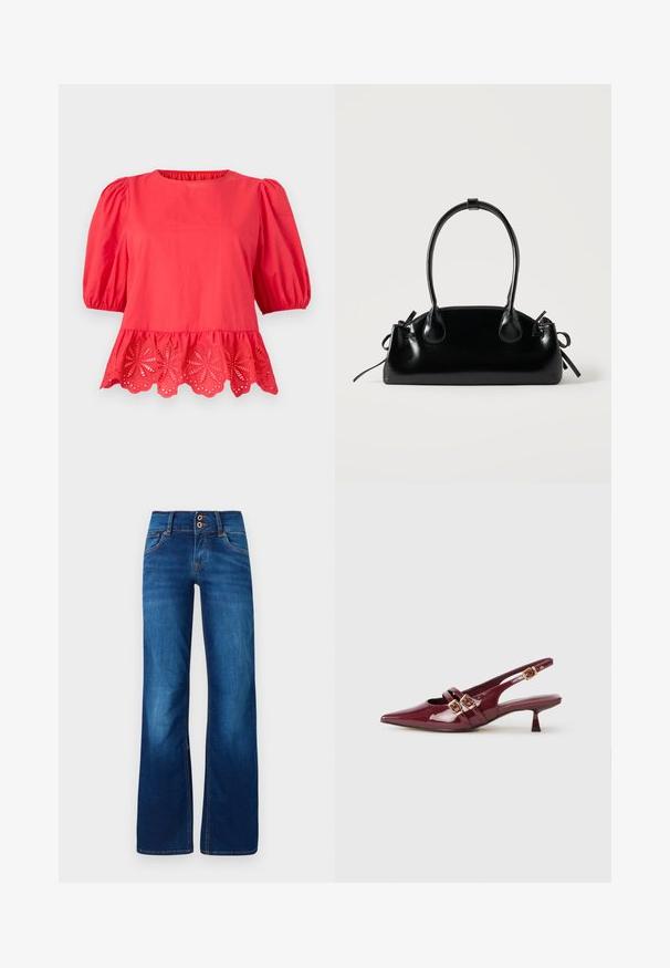 Blusa roja con mangas abullonadas hasta el codo y dobladillo festoneado con detalles de bordado floral recortado.; Jeans de pernera ancha en denim azul, con dos botones frontales, costuras naranjas y una textura suave. Diseño clásico de cinco bolsillos.; Zapato de charol burdeos tipo slingback con puntera puntiaguda, dos tiras planas con hebillas doradas y un tacón bajo.; Pequeño bolso negro brillante con dos asas largas y detalles de cordón lateral sobre un fondo claro liso.