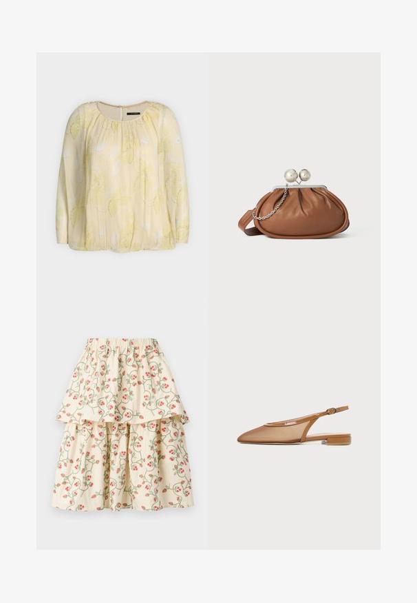 Blusa de manga larga en amarillo claro con diseño sutil de hojas, escote redondo, detalles fruncidos y cierre con botones en la espalda.; Falda de capas color crema con un patrón floral de fresas rojas y enredaderas verdes. Cintura elástica para mayor comodidad y ajuste.; Zapato plano marrón con tira trasera, puntera puntiaguda, tira delgada con hebilla y tacón bajo de bloque sobre fondo blanco.; Bolso de mano de cuero marrón con cierre de bola plateada y un pequeño detalle de cadena plateada sobre un fondo blanco.