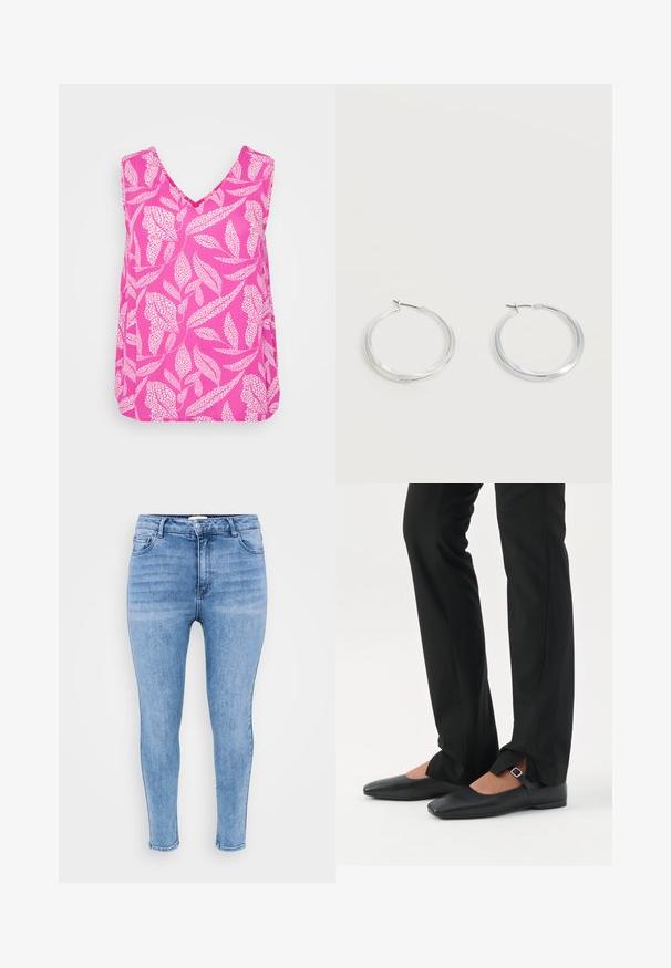Lyserød ærmeløs top med V-hals, prydet med et hvidt bladmønster og løs pasform. Fremstillet af letvægtsstof med en glat tekstur.; Lysblå skinny jeans lavet af denim, med høj talje, fem-lomme design og let falmning langs lårene.; Ben iført sorte smalle bukser med forreste slidser ved kanten, parret med sorte flade Mary Jane-sko med lille spænde.; Sølvfarvede metaloorringe med glat, let buet overflade og låsemekanisme på en ensfarvet hvid baggrund.