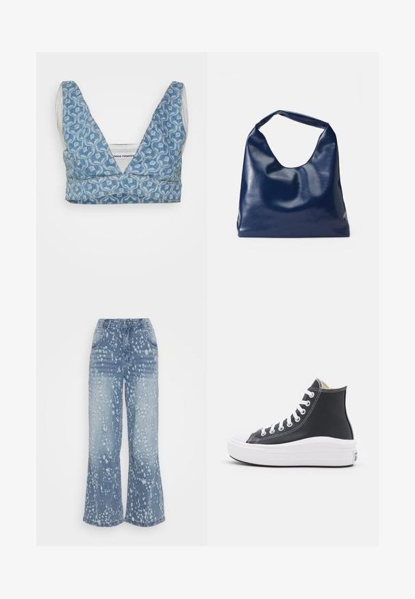 Denim bralette med V-hals, der har et blåt mønster og hvidt foer. Stoffet har en struktureret overflade med synlige sømme.; Jaded London CHEESEGRATE COLOSSUS - Jeans Relaxed Fit - blue; Sorte høje sneakers med hvide snørebånd og gummisål. Har en glat læderstruktur og hvide stikninger.; Marineblå kunstlæder skuldertaske med en blød, blank overflade, rund form og et enkelt, bredt håndtag for nem bæring.
