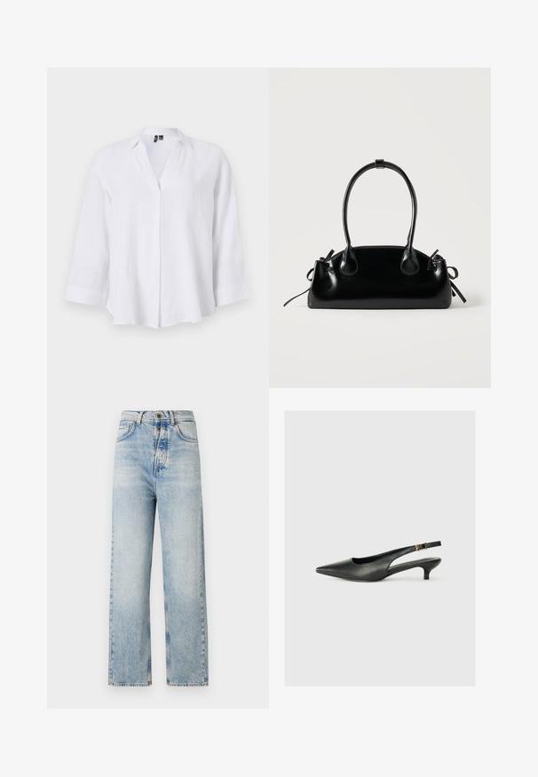 Witte lange mouwen linnen blouse met een kraag, v-hals en subtiele plooien. Heeft een relaxte pasvorm en manchetten met een omgeslagen zoom.; Lichtblauwe jeans met een rechte pijpdesign, gemaakt van denim. Bevat vijf zakken, een knoopsluiting en subtiele vervaging overal.; Zwarte puntschoen met slingback van soepel leer. Kenmerkt zich door een dunne hak en een gespdetail op de verstelbare band.; Kleine zwarte glanzende handtas met twee lange hengsels en zijkant trekkoord details op een effen lichte achtergrond.