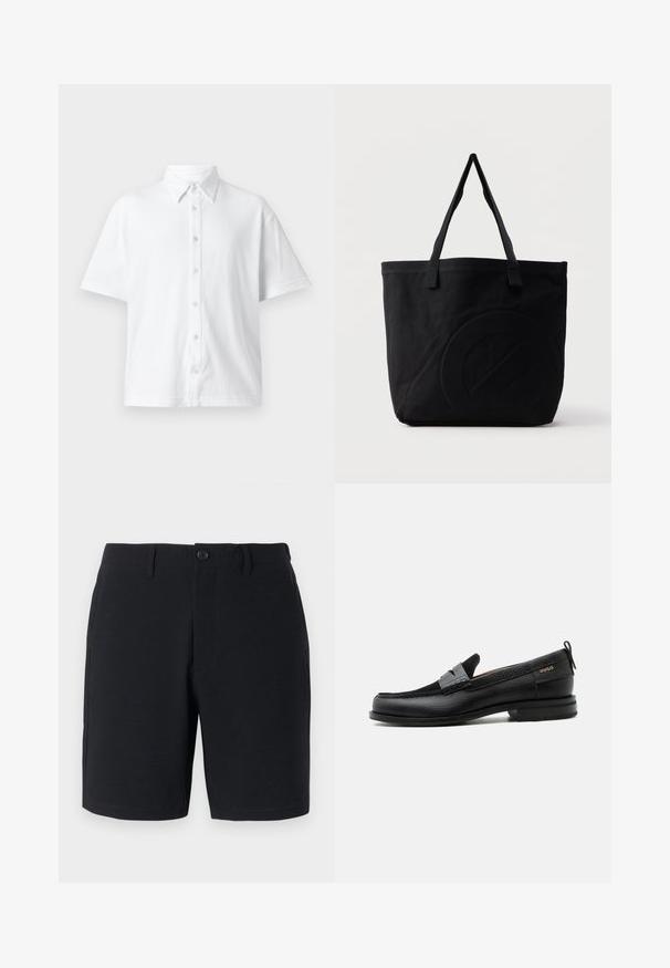 Witte kortemouw button-up blouse van gestructureerde stof met een klassieke kraag en een lijnenpatroon. Zes knoppen aan de voorkant.; Zwarte shorts met een textuurstof, knoopsluiting, riemlussen en zijzakken; slim-fit met schone, gestikte zomen.; Zwarte leren loafer met grijs riemdetailelement, lage hak en gestructureerde zool, aan de zijkant gebrandmerkt met "HUGO" in goud.; Zwarte canvas tas met twee schouderbanden en een subtiel, ingebosseleerd cirkelvormig ontwerp aan de voorkant.