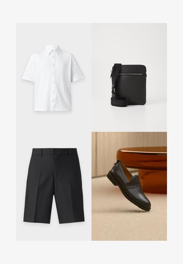 Camisa blanca de manga corta, con cuello clásico y fabricada en un tejido texturizado con un patrón de líneas. Seis botones en la parte delantera.; Bermudas negras a medida de tela ligera, con corte recto, pliegues simples y cierre frontal de botón.; Mocasín de cuero negro con tacón bajo flotando sobre una alfombra beige, junto a una mesa brillante de color ámbar en una habitación minimalista.; Bolso cruzado de cuero negro con superficie texturizada, bolsillo frontal con cremallera y correa de tela ajustable. Diseño cuadrado simple.