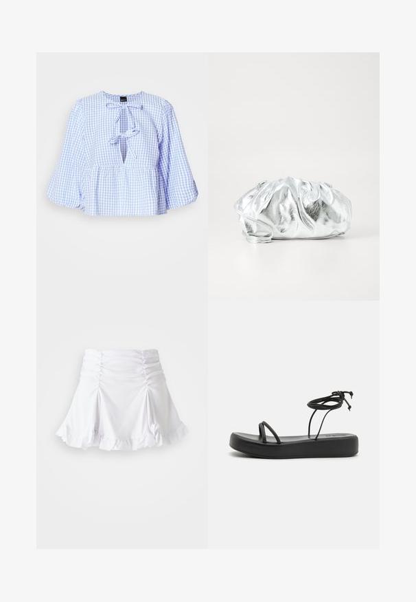 Blusa de cuadros azul y blanca con mangas largas acampanadas, un lazo en el escote y un dobladillo peplum fruncido. Tejido ligero, diseño informal.; Falda blanca de tela texturizada con detalles fruncidos y dobladillo con volantes. Presenta un diseño acampanado con una cintura ajustada.; Sandalias planas negras con suela ancha, tiras delgadas y un lazo ajustable en el tobillo. Textura suave con un diseño minimalista.; Bolso de mano plateado metálico con un cuerpo suave y fruncido y una correa de hombro delgada. Presenta una textura suave y brillante y una forma redondeada.
