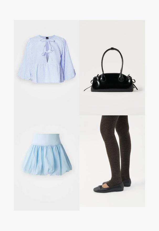 Modrá a biela blúzka s gingham vzorom, dlhými zvonovými rukávmi, viazaním pri výstrihu a nazhŕňaným peplum lemom. Ľahký materiál, neformálny dizajn.; Svetlomodrá, nadýchaná sukňa s širokým elastickým pásom. Vyrobená z jemnej, ľahkej tkaniny s prúdnym, zhromaždeným dizajnom.; Nohy v tmavých pásikavých legínach v kombinácii s čiernymi balerínkami s malými mašličkami na bielom pozadí.; Malá čierna lesklá kabelka s dvoma dlhými rúčkami a bočnými šnúrkovými detailmi na jednoduchom svetlom pozadí.