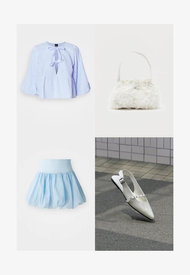 Sinine ja valge ruuduline blousee pikkade kellukesevarrukatega, lipsuga kaeluses ja volangiga peplum äärega. Kergekangas, juhuslik disain.; Hele sinine, puhvline seelik laia elastse vöökohaga. Valmistatud pehmest, kergest kangast, millel on voolav ja kogunenud disain.; Valge terava nina ja kahe hõbedase pandlaga slingback-tasapinnaline king, kujutatud õues tekstuurse pinnase ja plaatidega seinatausta ees.; Väike valge käekott, mille keha katavad kangasroosid, ja õhukese ühe rihmaga käepide tavalise tausta ees.