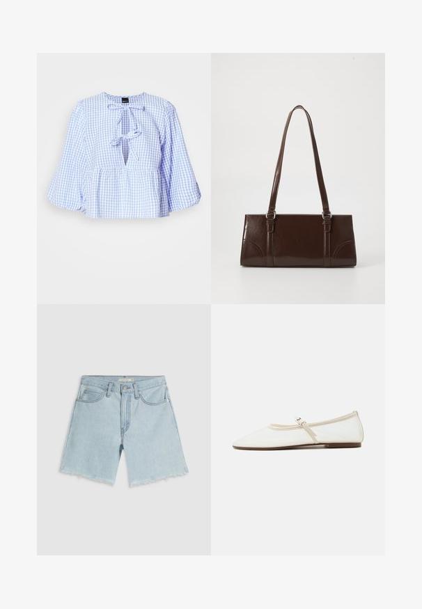 Blusa de cuadros azul y blanca con mangas largas acampanadas, un lazo en el escote y un dobladillo peplum fruncido. Tejido ligero, diseño informal.; Pantalones cortos de mezclilla azul claro con dobladillo deshilachado, cuatro bolsillos y cremallera; presentan un sutil desgastado y herrajes de tono plateado.; Zapato plano Mary Jane blanco con puntera puntiaguda, tira delgada ajustable con hebilla plateada y suela marrón sobre fondo blanco.; Bolso de mano de piel sintética marrón con forma rectangular, dos asas largas y sutiles acentos curvados en la parte delantera.