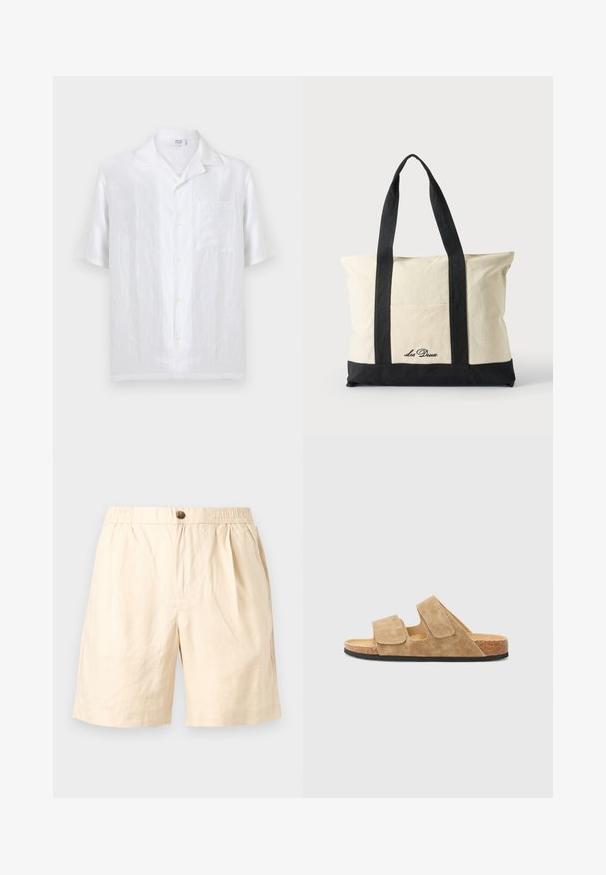 Chemise blanche à manches courtes avec boutons, col camp et poche poitrine, fabriquée en tissu léger en lin.; Shorts décontractés beiges avec taille élastique, fermeture à bouton unique, poches latérales et coupe ample adaptée aux temps chauds.; Sandales en daim beige clair avec deux sangles Velcro réglables, une semelle en liège et une semelle en caoutchouc noir texturé. Design plat, style ouvert à l'avant.; Sac fourre-tout en toile avec longues anses noires, bordure noire en bas et poche avant avec logo "Les Deux" en écriture noire.