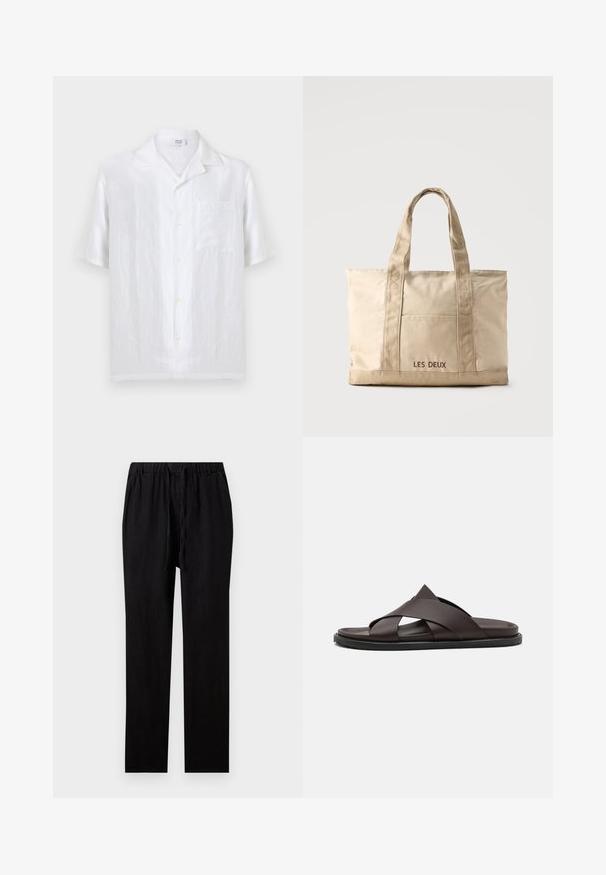 Chemise blanche à manches courtes avec boutons, col camp et poche poitrine, fabriquée en tissu léger en lin.; Pantalon noir droit avec taille élastique et cordon, en tissu léger.; Stuart Weitzman BERKLEY - Mules - espresso; Sac cabas en toile beige avec deux anses et une poche avant, "LES DEUX" brodé sur la poche.