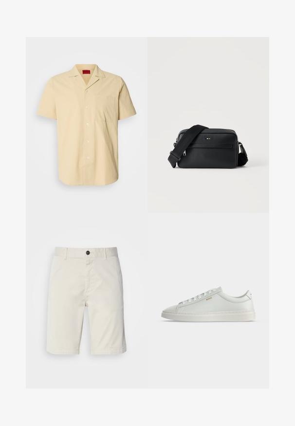 Camisa de manga corta, de color amarillo claro y fabricada con un tejido texturizado. Cuenta con un cuello tipo punto y un bolsillo en el pecho, con botones blancos.; Shorts de color beige claro fabricados en algodón, con cierre de botón, bolsillos delanteros y dobladillo cosido. Textura suave con un diseño casual.; Zapatilla blanca de cuero de corte bajo con cordones, suela plana y pequeño logo dorado "BOSS" en el lateral, vista desde el lado exterior.; Bolso bandolera negro de cuero texturizado con bolsillo frontal con cremallera y correa de hombro ancha de tela ajustable sobre fondo blanco.