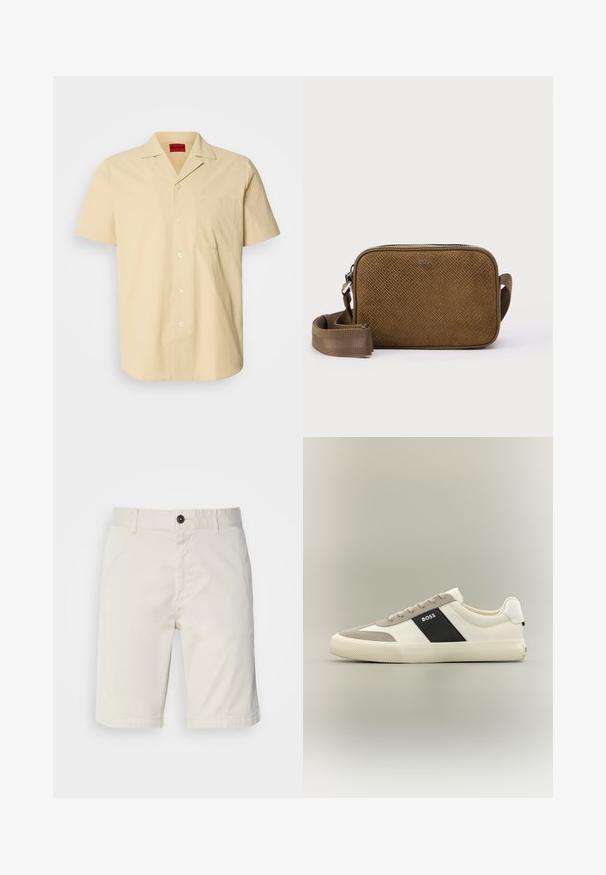 Kurzärmliges, hellgelbes Hemd aus strukturiertem Stoff. Mit einem Kentkragen und einer Brusttasche ausgestattet, sowie weißen Knöpfen.; Helle beige Shorts aus Baumwolle, mit einem Knopfverschluss, Vordertaschen und abgestepptem Saum. Glatte Textur mit einem lässigen Design.; Weißer und hellgrauer Sneaker mit niedrigem Schaft, schwarzer Seitenplatte mit "BOSS"-Logo, strukturierter Gummisohle und beigen Schnürsenkeln auf neutralem Hintergrund.; Braune Wildleder-Umhängetasche mit strukturierter Oberfläche, rechteckiger Form, vorderseitigem Logodetail und verstellbarem Stoffriemen. Silberne Metallakzente.