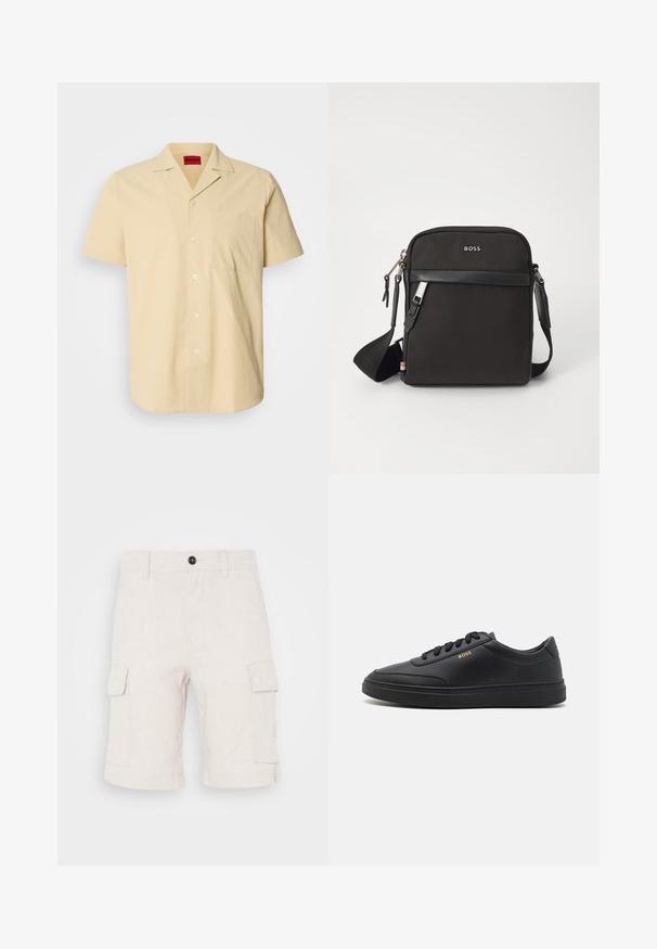 Kurzärmliges, hellgelbes Hemd aus strukturiertem Stoff. Mit einem Kentkragen und einer Brusttasche ausgestattet, sowie weißen Knöpfen.; Beige Cargo-Shorts aus leichtem Stoff, mit zwei seitlichen Taschen und umgeschlagenem Saum. Knopfverschluss an der Taille.; Schwarze Leder-Sneaker mit glatter Textur, runder Zehenpartie, flacher Gummisohle und einfarbigen Schnürsenkeln. Mit goldfarbenem "BOSS" Logo an der Seite.; Schwarze Umhängetasche aus strukturiertem Stoff, mit Logo auf der Vorderseite, Reißverschluss und verstellbarem Tragegurt. Verfügt über eine glatte Lederbesatz.