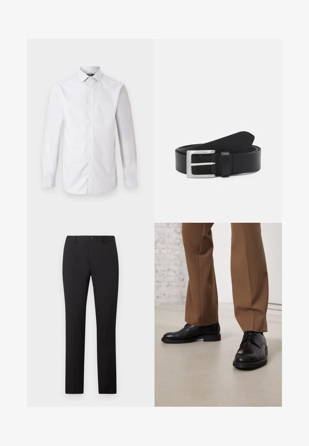 Langärmliges weißes Hemd mit dünnen vertikalen Streifen, durchgehender Knopfleiste, klassischem Kragen und geknöpften Manschetten.; Schwarze, maßgeschneiderte Hose mit geradem Bein, ausgestattet mit Knopfverschluss und Gürtelschlaufen. Hergestellt aus glattem Stoff ohne sichtbare Muster.; Schwarze Lederschuhe mit glatter Oberfläche und runder Zehenpartie, mit Schnürverschluss und einer flachen, niedrigen Sohle. Kombiniert mit braunen Hosen.; Schwarzer Leder Gürtel mit glatter Textur, silberner rechteckiger Schnalle und einer Schlaufe für das Ende. Verfügt über eine saubere Naht entlang der Kanten.