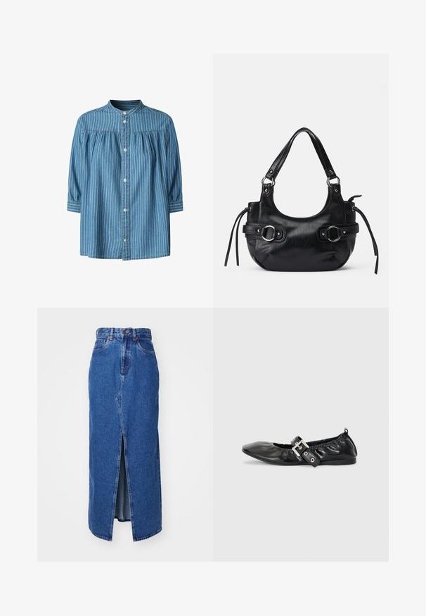 Blå denimbluse med lodrette hvide striber, samlet bærestykke, knaplukning foran, mandarinkrave og trekvartlange ærmer med knapmanchetter.; Denim maxi nederdel i mellemblå med slids foran, høj talje og klassisk fem-lomme design. Har kontrastsyning og lynlåsåbning.; Sorte læder flade sko med spids tå, samling detaljer omkring åbningen, og en sølv spænde accent på den justerbare rem.; Sort læderhåndtaske med en rund form, der har to sidelukninger, en glat tekstur og en kort skulderrem. Der er pynt i form af sidekæder.
