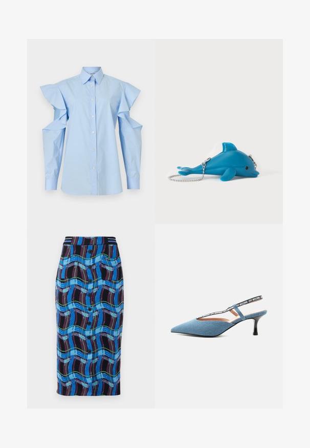 Chemisier bleu clair à boutons, col pointu et manches longues avec épaules découpées et détails à volants.; Jupe midi bleue avec un motif de vagues multicolores, dotée d'une taille noire, de boutons à l'avant et de deux poches latérales.; Escarpin slingback bleu à bout pointu et talon kitten avec bride noire comportant le texte blanc « Love Moschino » sur fond clair.; Pochette bleue en forme de dauphin avec bandoulière chaîne argentée posée sur une surface blanche, avec un petit détail œil noir et le nom de la marque sur la nageoire.