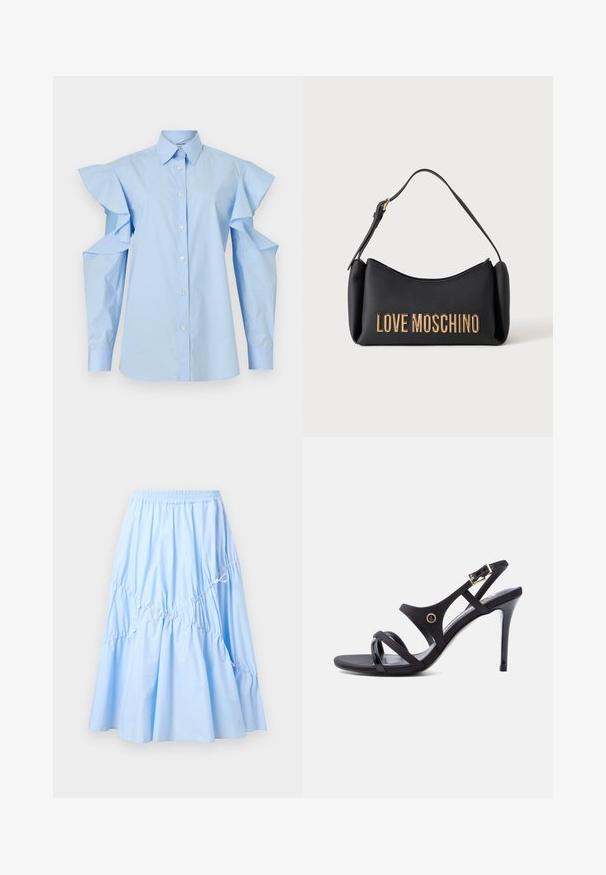 Chemisier bleu clair à boutons, col pointu et manches longues avec épaules découpées et détails à volants.; Jupe midi bleu clair avec taille élastique, détails froncés et cordons ajustables pour une silhouette évasée.; Sandale noire à talon haut avec fines lanières, une boucle à la cheville et un talon aiguille élégant sur fond blanc.; Sac Moschino noir avec lettrage doré et courte bandoulière sur fond blanc.