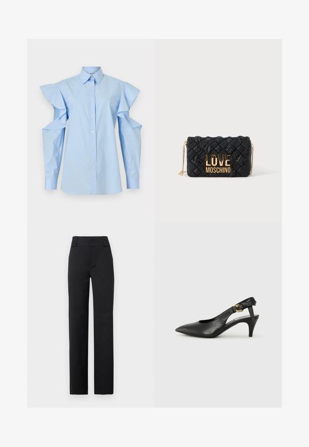 Chemisier bleu clair à boutons, col pointu et manches longues avec épaules découpées et détails à volants.; Pantalon noir taille haute à jambes droites, avec passants de ceinture larges, fermeture éclair avant et coupe ajustée, adapté pour une tenue formelle ou de bureau.; Chaussure à talon slingback en cuir noir avec un bout pointu, un petit talon et un détail de boucle sur la bride de cheville. Texture lisse, design minimaliste.; Sac bandoulière matelassé noir avec bandoulière chaîne dorée et grand logo doré "LOVE MOSCHINO" sur le devant.